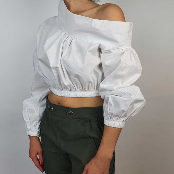 Danfi white cowl neck crop top front 2