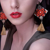 Danfi needlwork collection - hand embroidered diamond shaped tasselled earrings