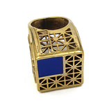 24K Gold Plated Bronze asymmetrical window-shaped ring with Enamelwork (handmade) blue-bottom