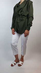 Danfi green top and white trousers side