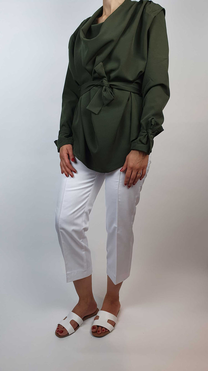 white trousers and green top Danfi side