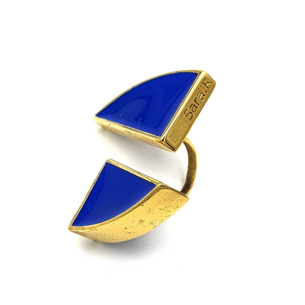 24K Gold Plated Bronze adjustable ring with Enamelwork (handmade) blue