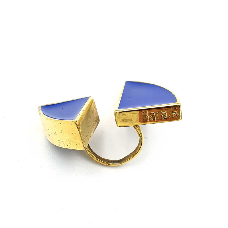 24K Gold Plated Bronze adjustable ring with Enamelwork (handmade) blue- side