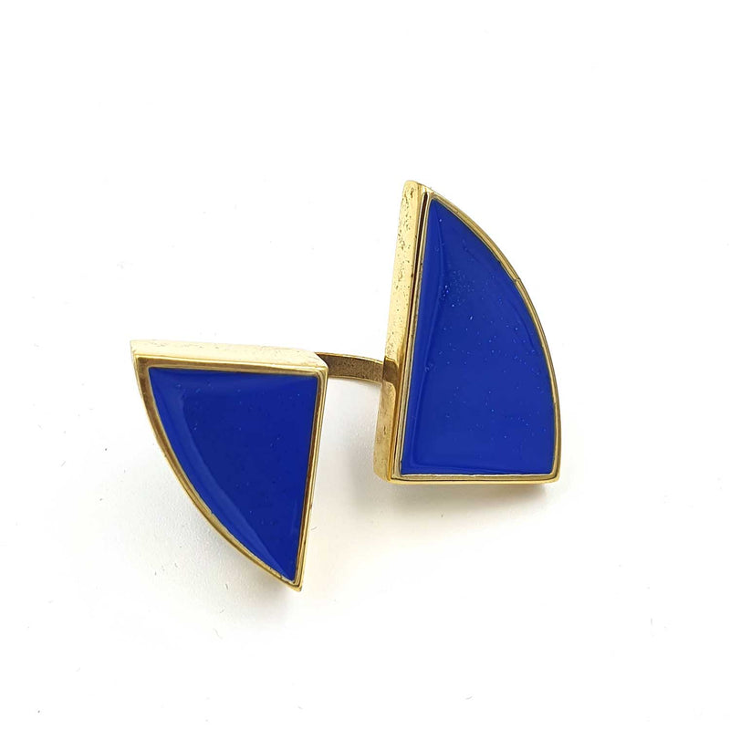 24K Gold Plated Bronze adjustable ring with Enamelwork (handmade) blue front 2